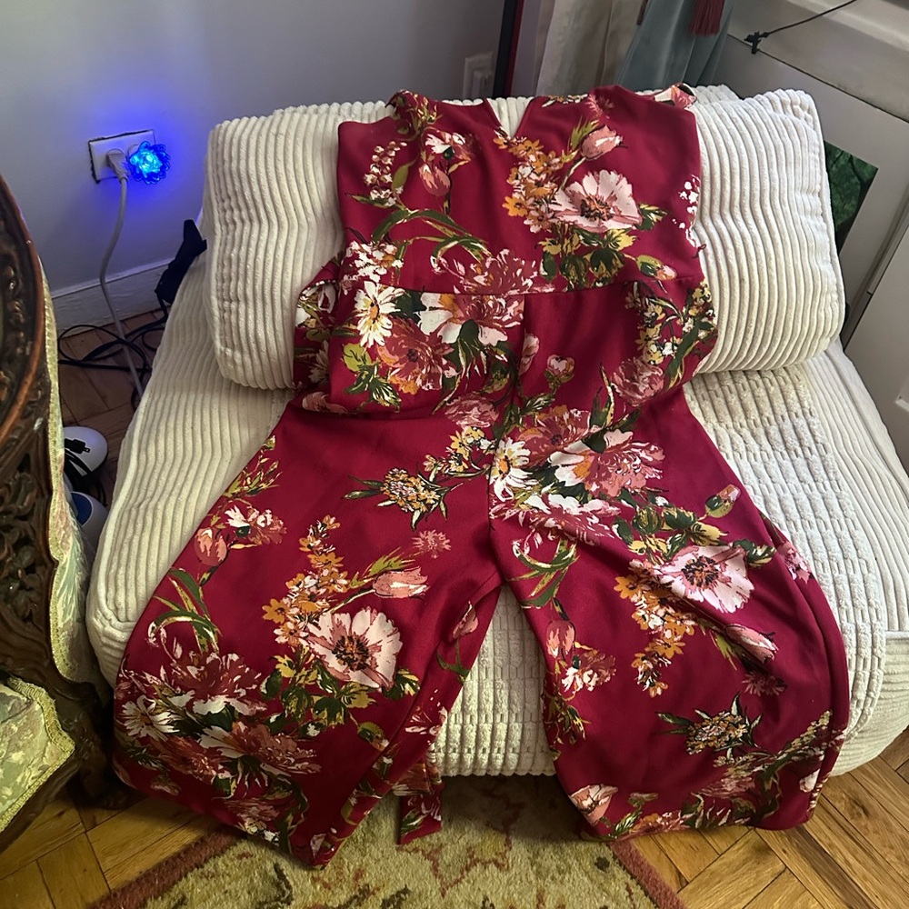 Xhilaration Burgundy Floral Wide-Leg Jumpsuit